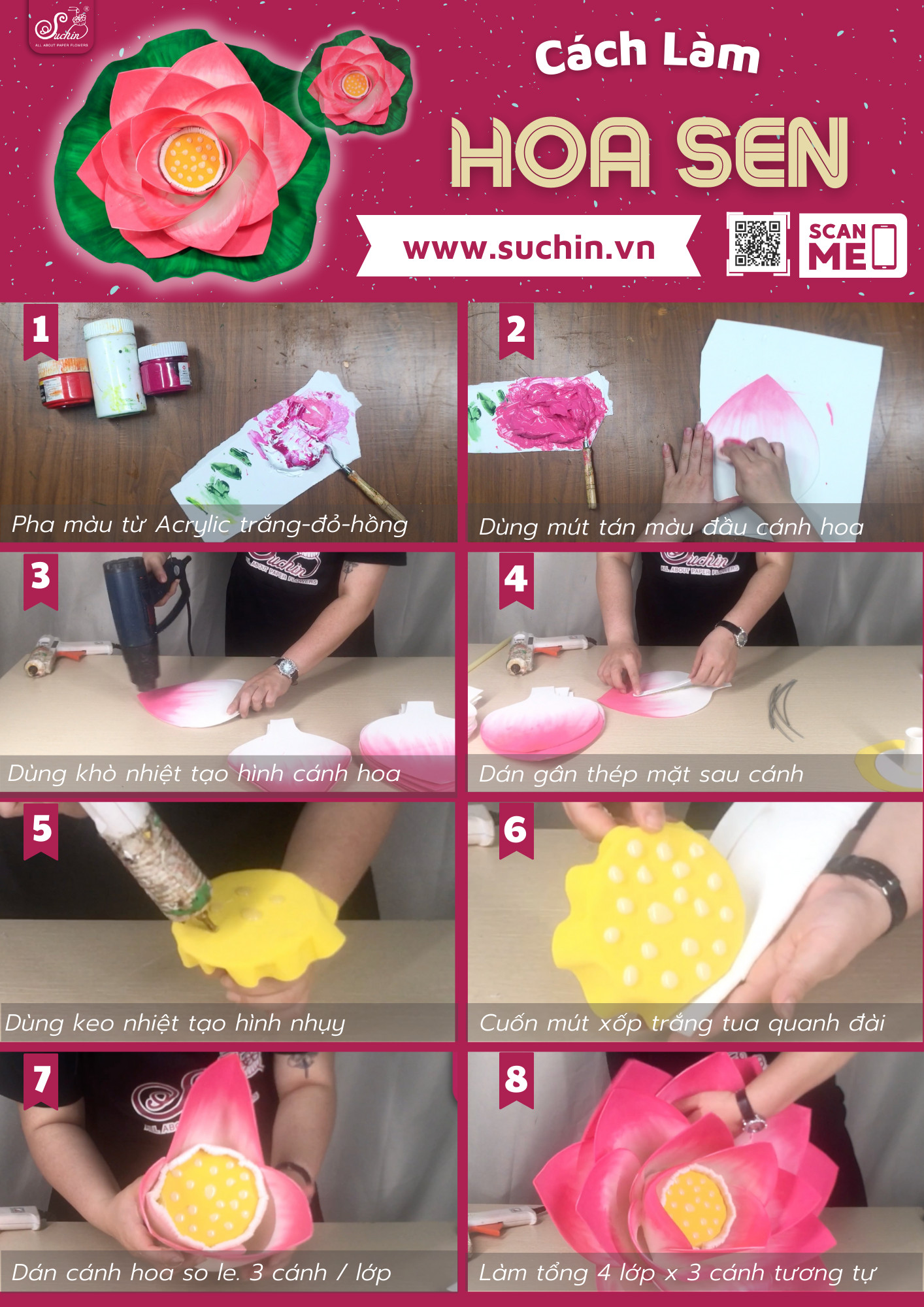 Hướng dẫn cách làm hoa sen giống thật nhất từ giấy nhún và mút xốp