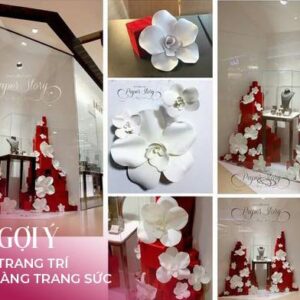 Hoa trắng trang trí cửa hàng trang sức